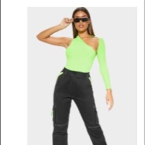 Prettylittlething neon lime one shoulder asymmetric bodysuit